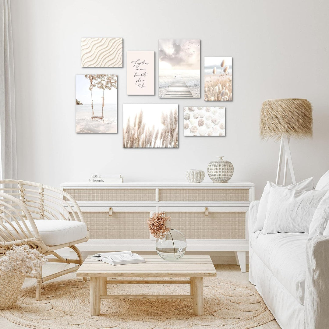 Novart Wandbilder Strand Meer Relax - KOMPLETT AUFHÄNGFERTIG - Beige Wohnzimmer Schlafzimmer- 7 Mode