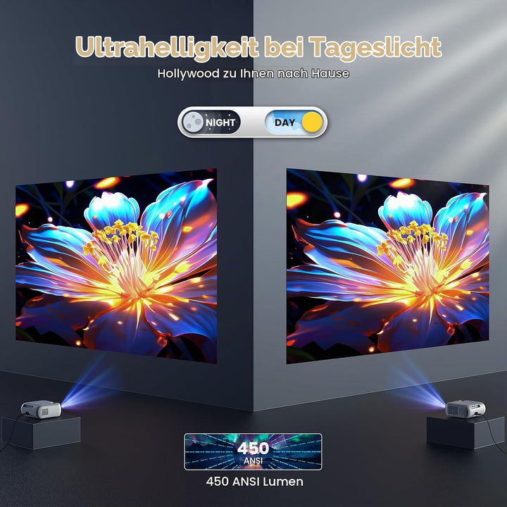2026Mini Beamer FHD 4K,Lower Noise 450ANSI Tageslichttauglicher projektor|Auto-Keystone,HiFi-Lautspr