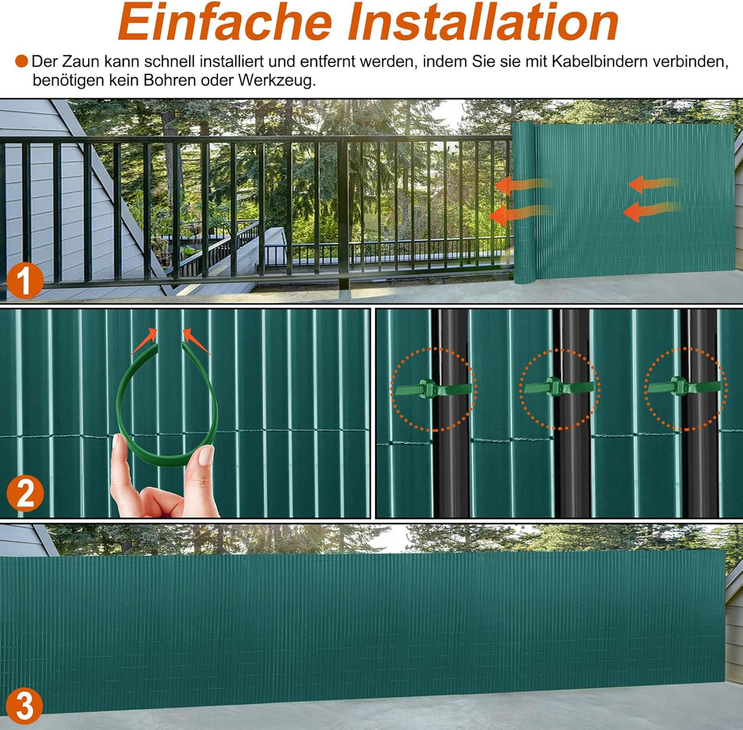 PVC Sichtschutzmatte Sichtschutzzaun 80x300CM, Grün, Outdoor Sichtschutz mit verstärkten Lamellen, Z