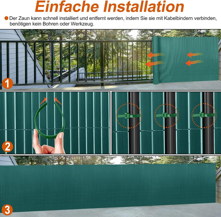 PVC Sichtschutzmatte Sichtschutzzaun 80x300CM, Grün, Outdoor Sichtschutz mit verstärkten Lamellen, Z
