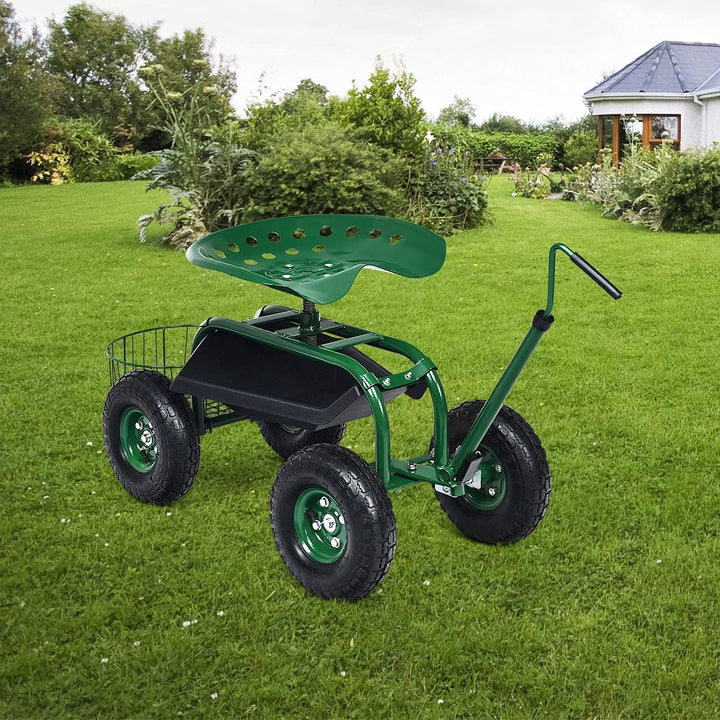 RELAX4LIFE Rollsitz mit Ablage Korb, Gartensitz mit Ausziehbarem Griff 4 Rädern, Gartenrollsitz Fahr