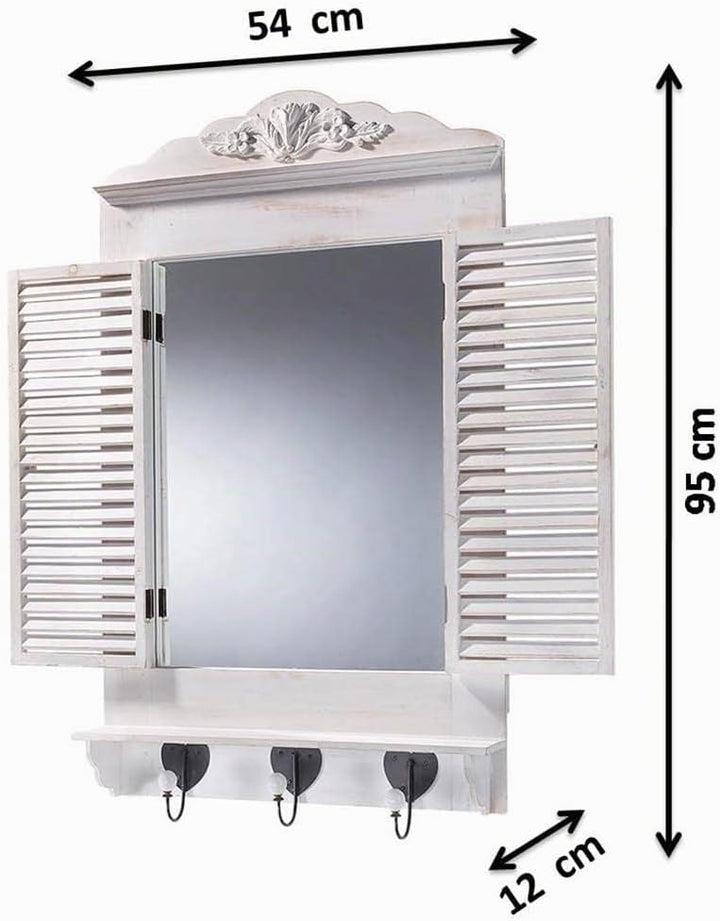 Kobolo Dekofenster Fensterrahmen Spiegel - White Vintage -Fensterläden zum öffnen- 90x55x12 cm