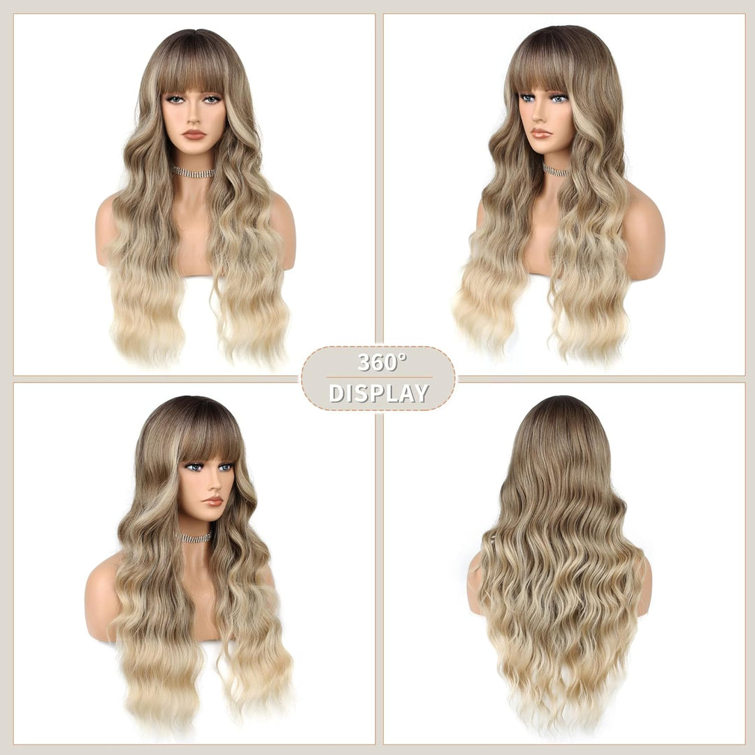 FAELBATY Perücke mit langen Locken blonde Perücke mit Pony Ombre dunkelbraun bis blonde Perücke für