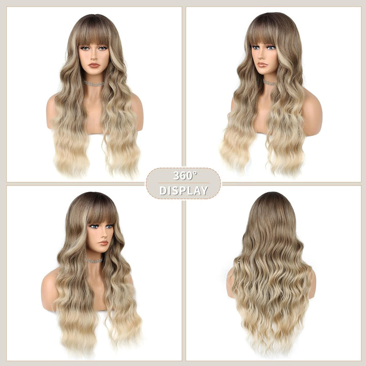 FAELBATY Perücke mit langen Locken blonde Perücke mit Pony Ombre dunkelbraun bis blonde Perücke für