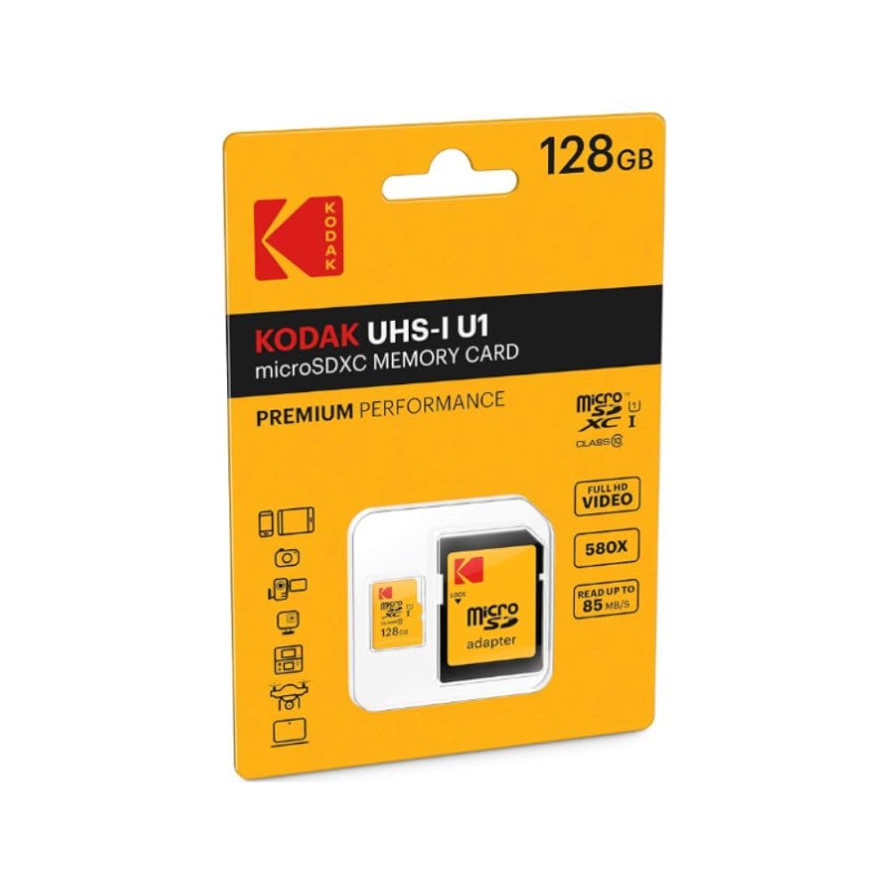 Kodak EKMSDM128GXC10K Premium 128GB microSDXC Speicherkarte, Highspeed, SD-Adapter UHS-I, U1, bis 85