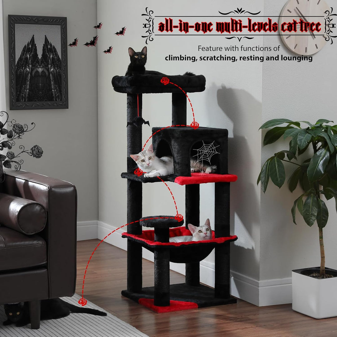 PAWZ Road Katzenbaum 116cm Gothic Halloween Edition, Schwarzer Kratzbaum mit Metall-Plüsch-Hängematt