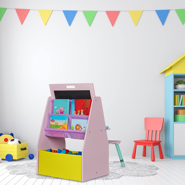 Relaxdays Kinderregal mit Tafel, Spielzeugregal mit 2 Fächern & Stoffbox, HBT: 84x52x45 cm, Spieltaf