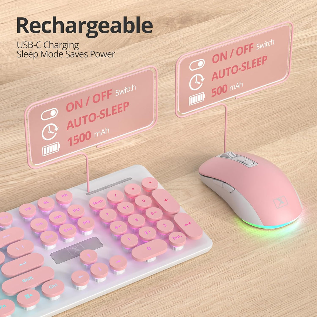 SOLIDEE Beleuchtetes Kabellose Tastatur und Maus Set, 2.4 GHz Wiederaufladbar, Rosa Retro Schreibmas