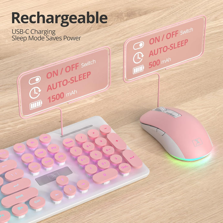 SOLIDEE Beleuchtetes Kabellose Tastatur und Maus Set, 2.4 GHz Wiederaufladbar, Rosa Retro Schreibmas