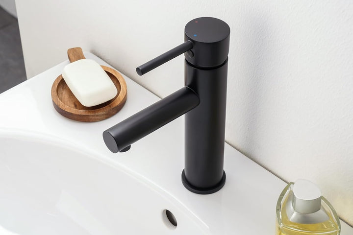 aquaSu® Waschbeckenarmatur Schwarz mit Pop-Up-Ventil 1 1/4" – Waschtischarmatur hoch, Badarmatur, Ei