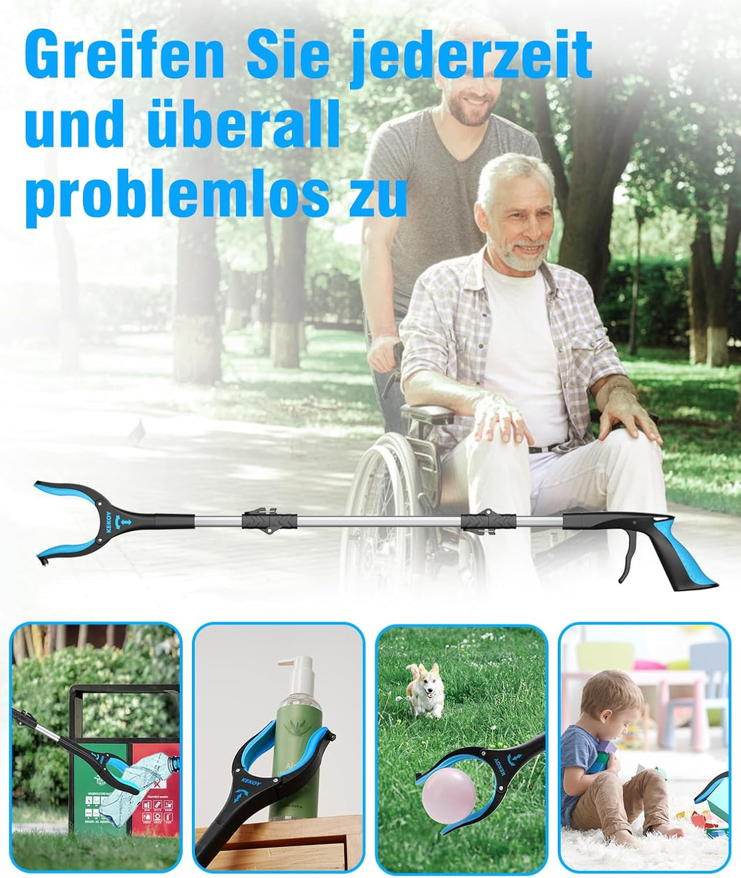 Kekoy Greifzange für Senioren 91cm Aluminium Müllzange, Faltbare Greifer für Senioren, Drehbar Müllg