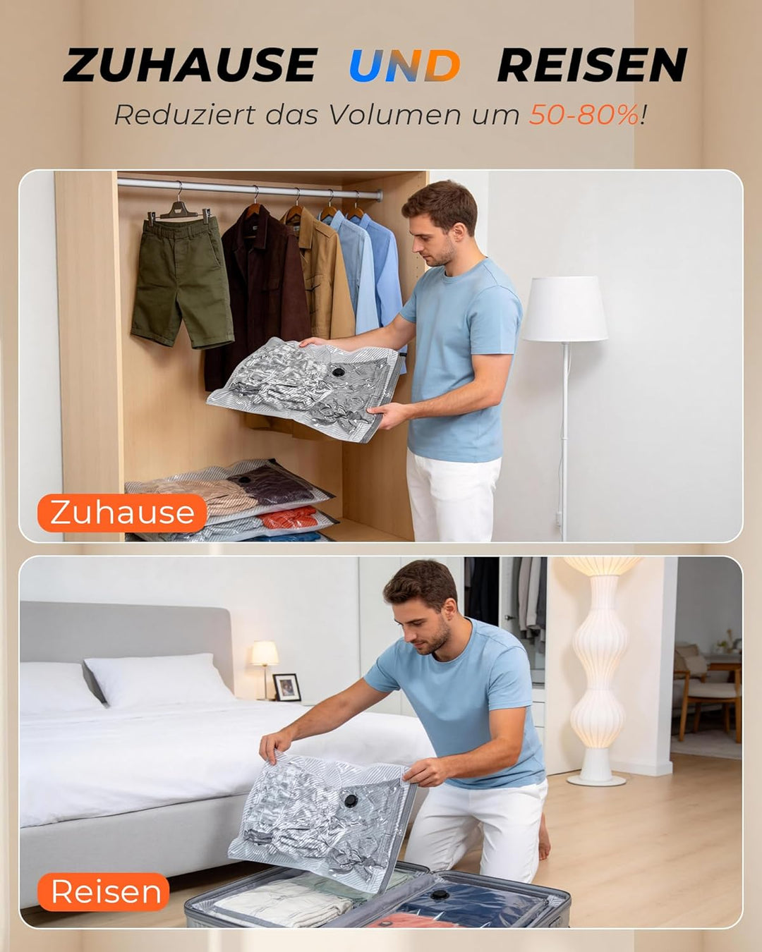 Vakuumbeutel für Kleidung mit Kabellose Vakuumpumpe,15 Stück (6x 40x60cm, 6x 50x70cm, 3x 60x80cm),mi