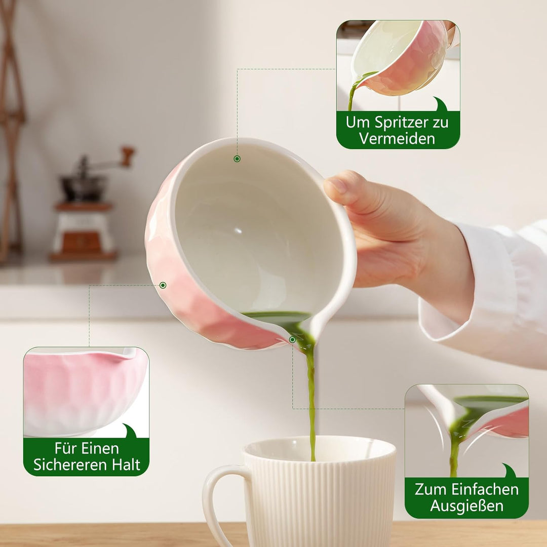8 Stück Matcha Set Rose mit Besenhalter | Edelstahl-Sieb für klumpenfreien Matcha | Inkl Bambus bese