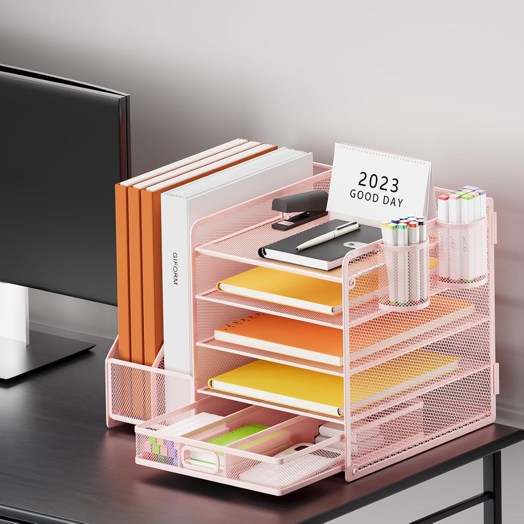 Schreibtisch Organizer mit Aktenhalter, 5-stufiger Papier Organizer mit Schublade und 2 Stifthaltern