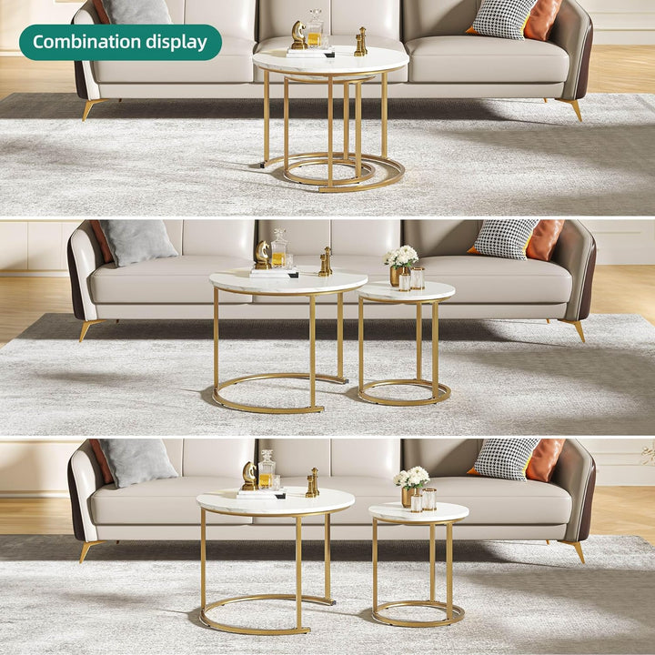 YITAHOME Couchtisch 2er Set Rund, Wohnzimmertisch Modern, Stapelbar, mit Stauraum, Holzplatte, Metal