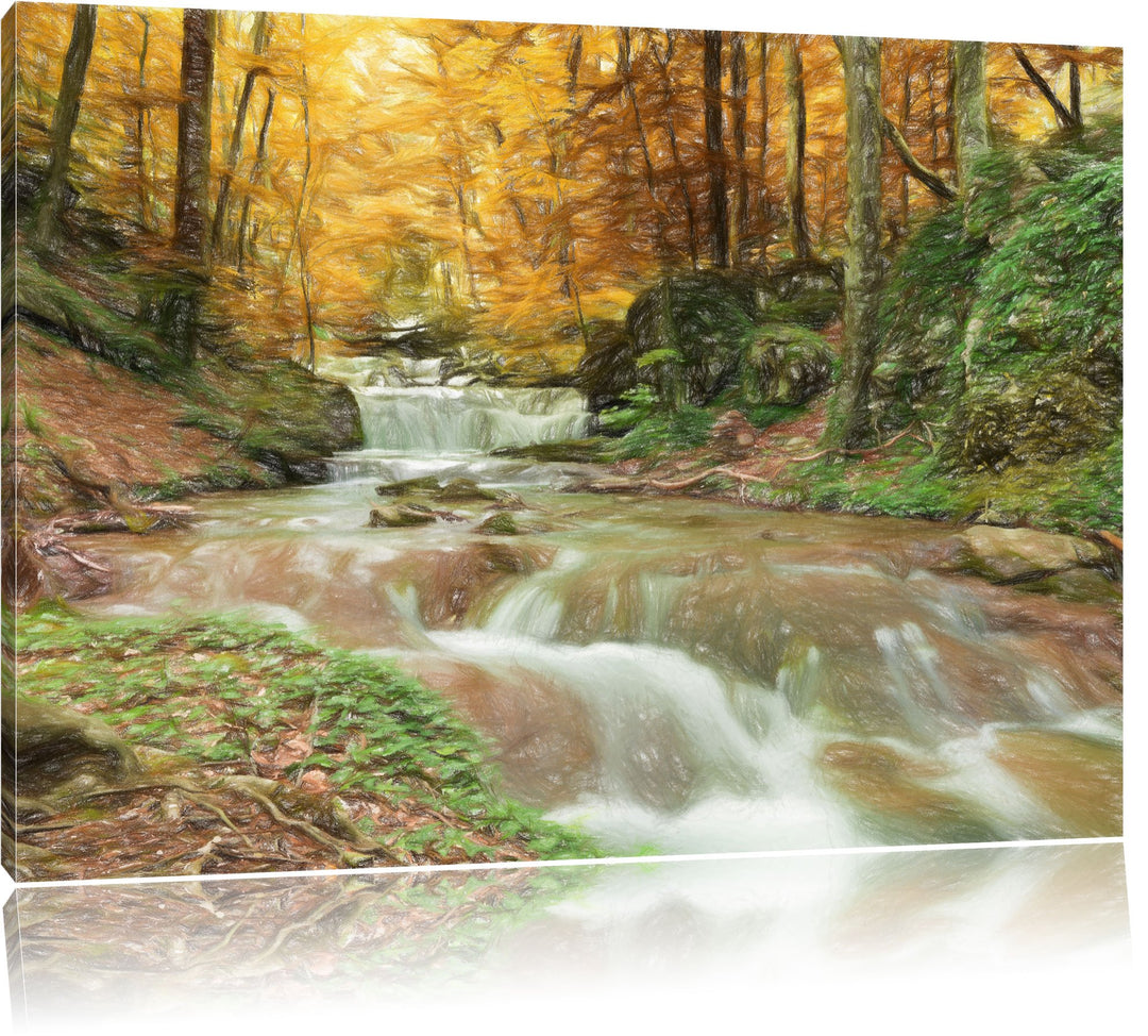 Pixxprint Waldbach im Herbst als Leinwandbild/Grösse: 100x70 cm/Wandbild/Kunstdruck/fertig bespannt,