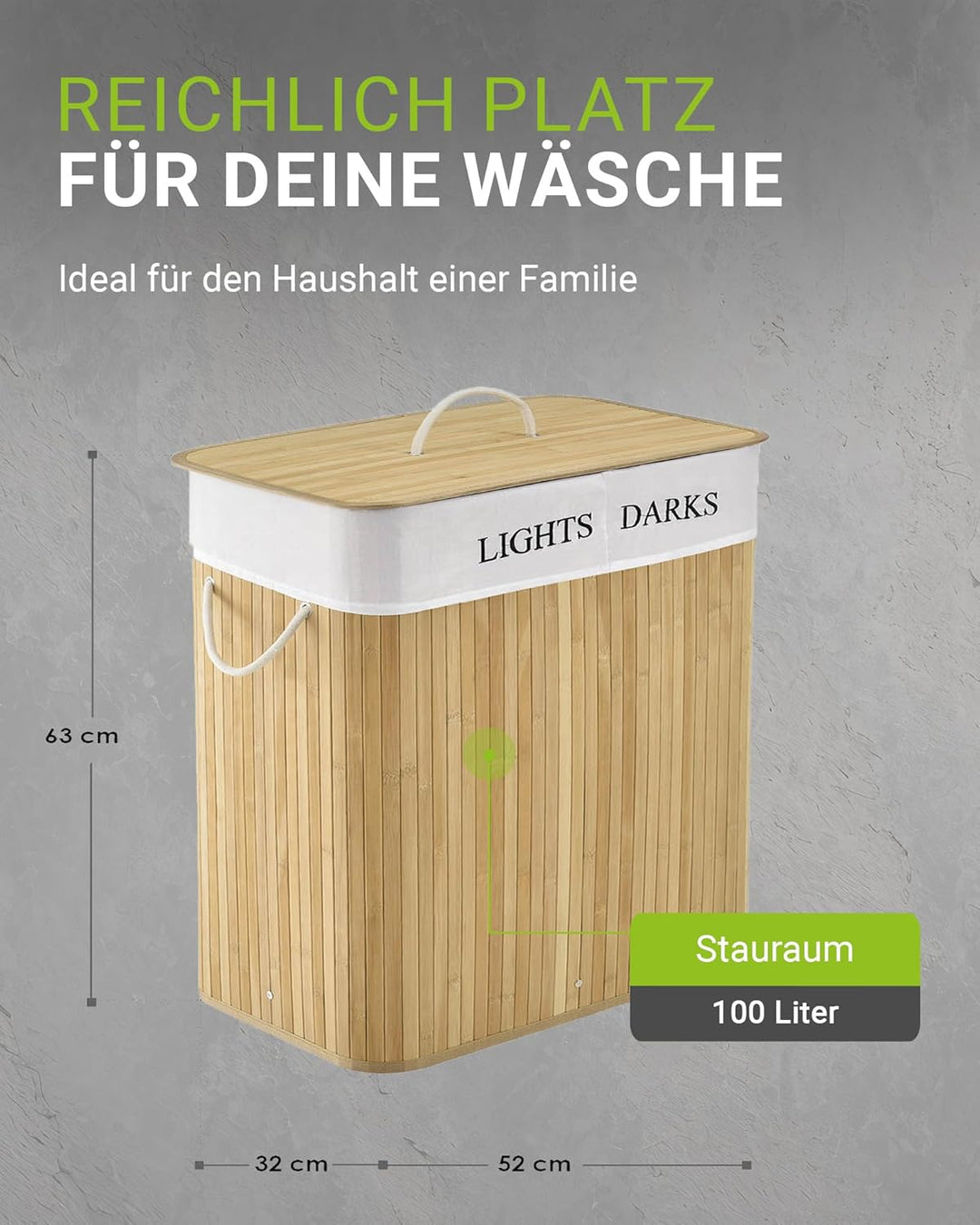 Juskys Bambus Wäschekorb Curly Natur 100L - Hygienischer Wäschekorb mit Deckel, Tragegriff & Wäsches