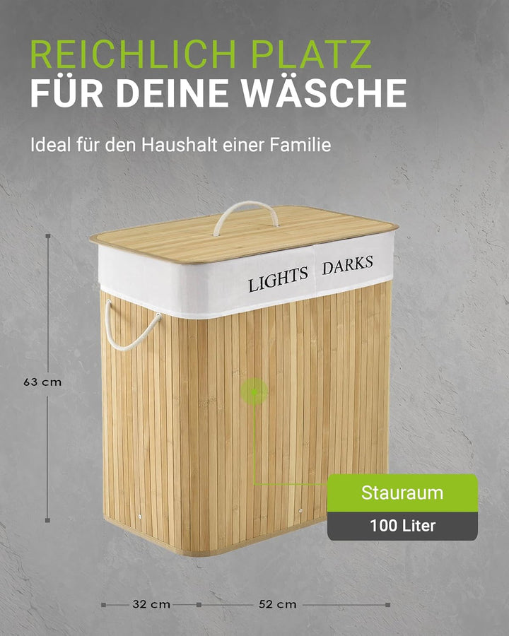 Juskys Bambus Wäschekorb Curly Natur 100L - Hygienischer Wäschekorb mit Deckel, Tragegriff & Wäsches