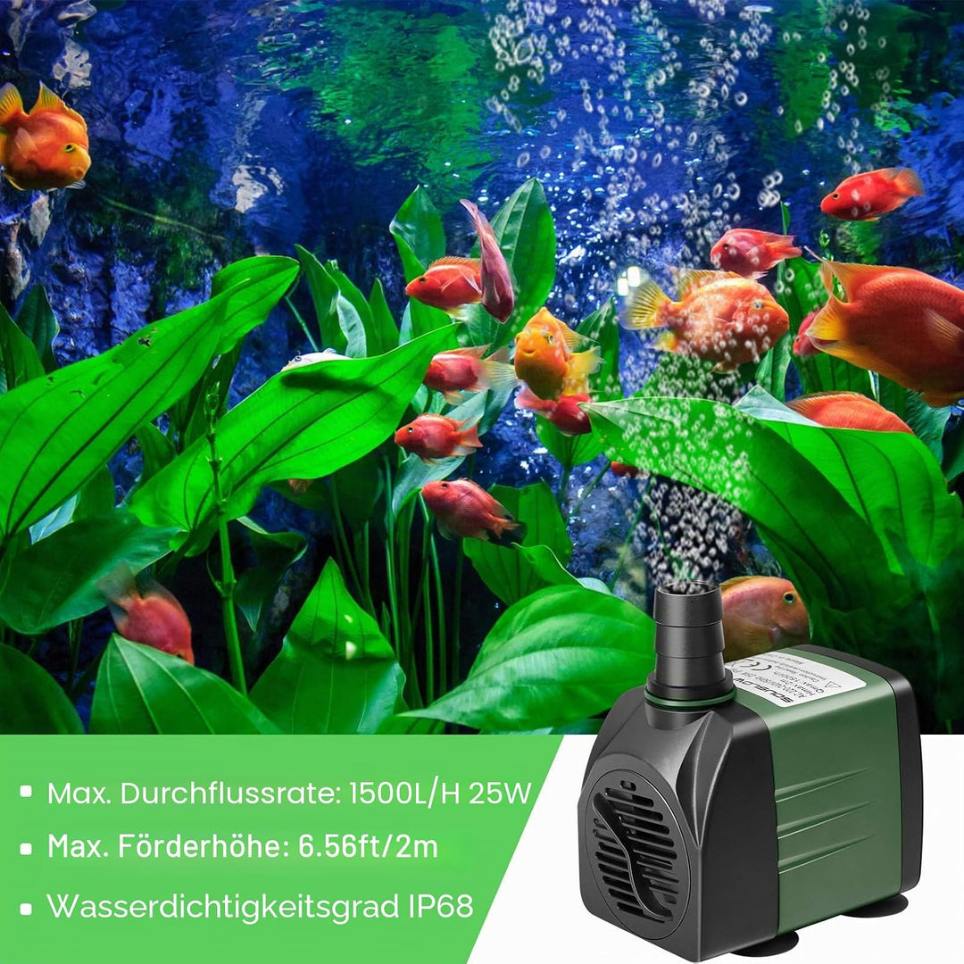 SOUSLOW Water Pump Submersible Pump 25W 1500L/H AC220-240V with 2 Nozzles for Aquarium Pond Fountain