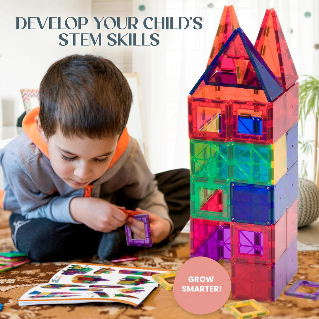 Playmags 48 Stück Set - mit stärkeren Magneten, STEM Spielzeug für Kinder, magnetische Fliesen und B