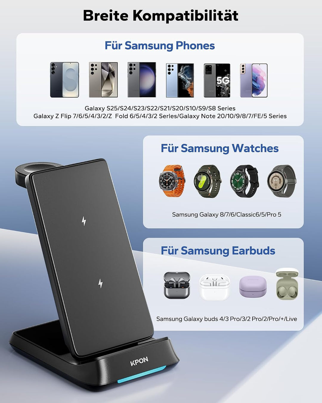 KPON 3 in 1 Ladestation für Samsung Watch und Handy, Faltbar Induktive Ladegerät für Samsung S25 Ult