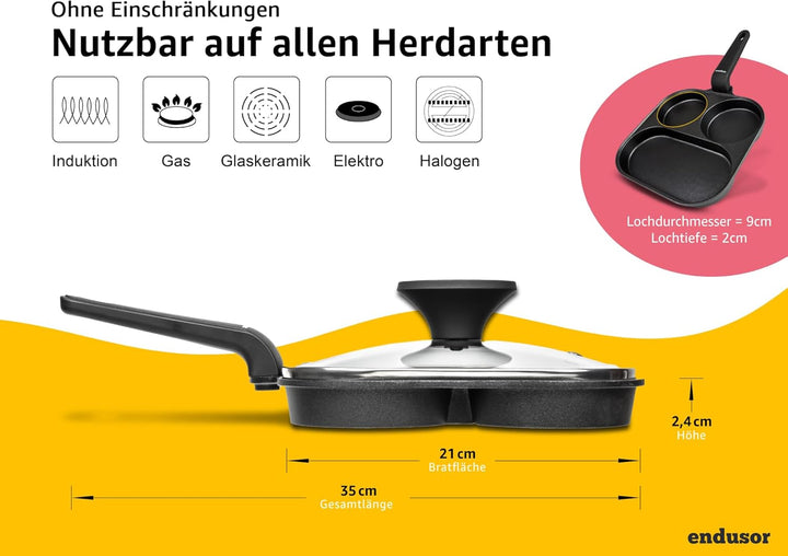 endusor Spiegeleipfanne mit Deckel (21cm) - Frühstückspfanne dreigeteilt mit Antihaft-Beschichtung f