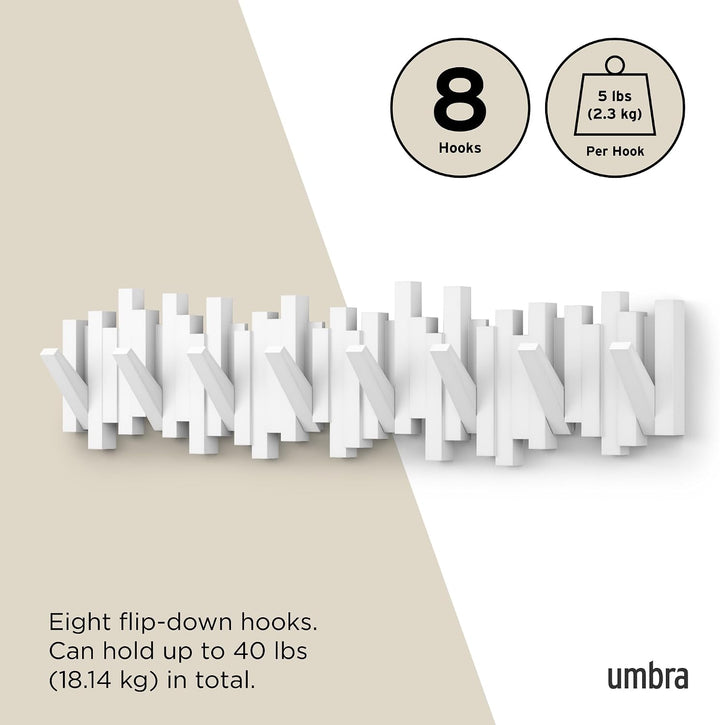Umbra Stäbchen Garderobenhaken mit 8 Haken – Moderne und platzsparende Garderobenleiste mit acht Bew