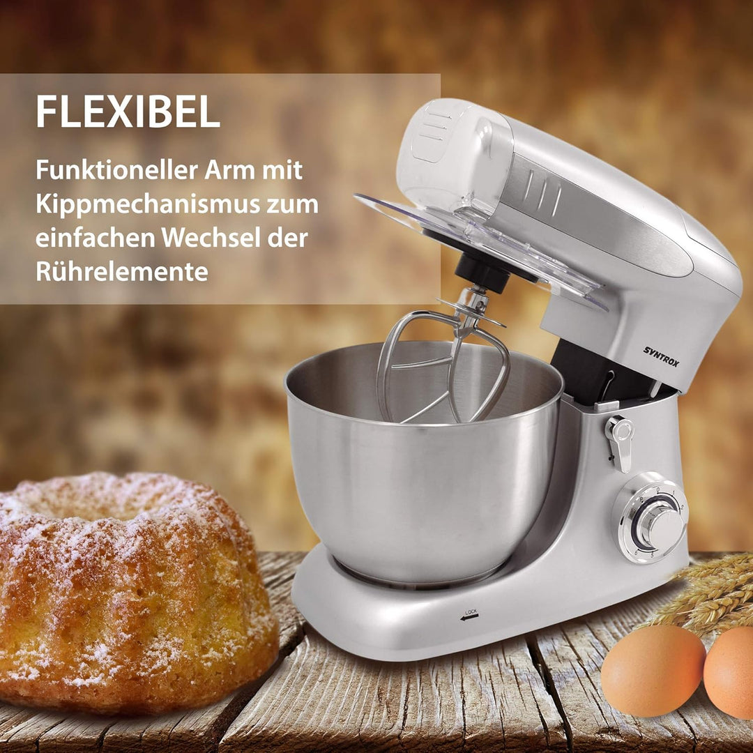 Syntrox Germany KM-1300W Silver de Luxe Küchenmaschine Knetmaschine Mixer mit Fleischwolf, Edelstahl