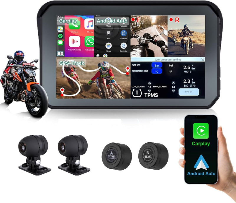 Motorrad DVR Wireless Apple Carplay, Android Auto, TPMS, Dual AHD 1080P Front/Rückfahrkameras, GPS,