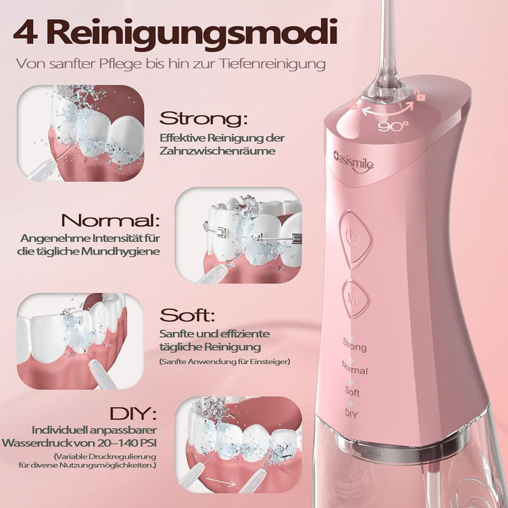 OasiSmile Kabellose Elektrische Munddusche, 4 Modi DIY Druck &amp; 5 Düsen,Rosa | Munddusche Testsieger