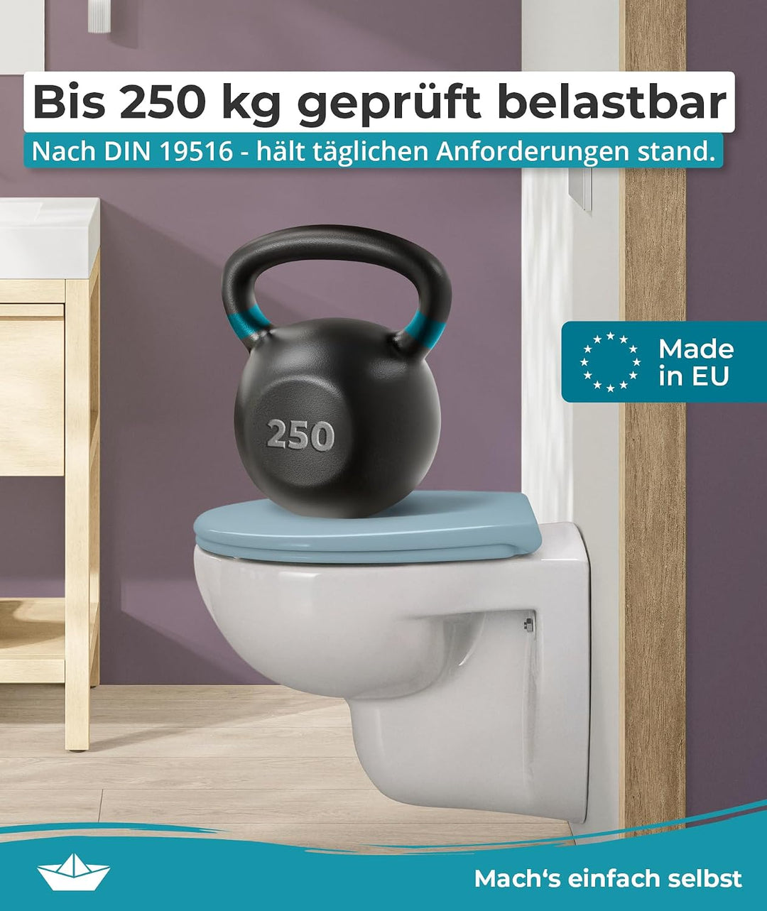 Calmwaters® Premium WC Sitz einfache Montage, Toilettendeckel bis 250 kg, Made in EU, antibakteriell