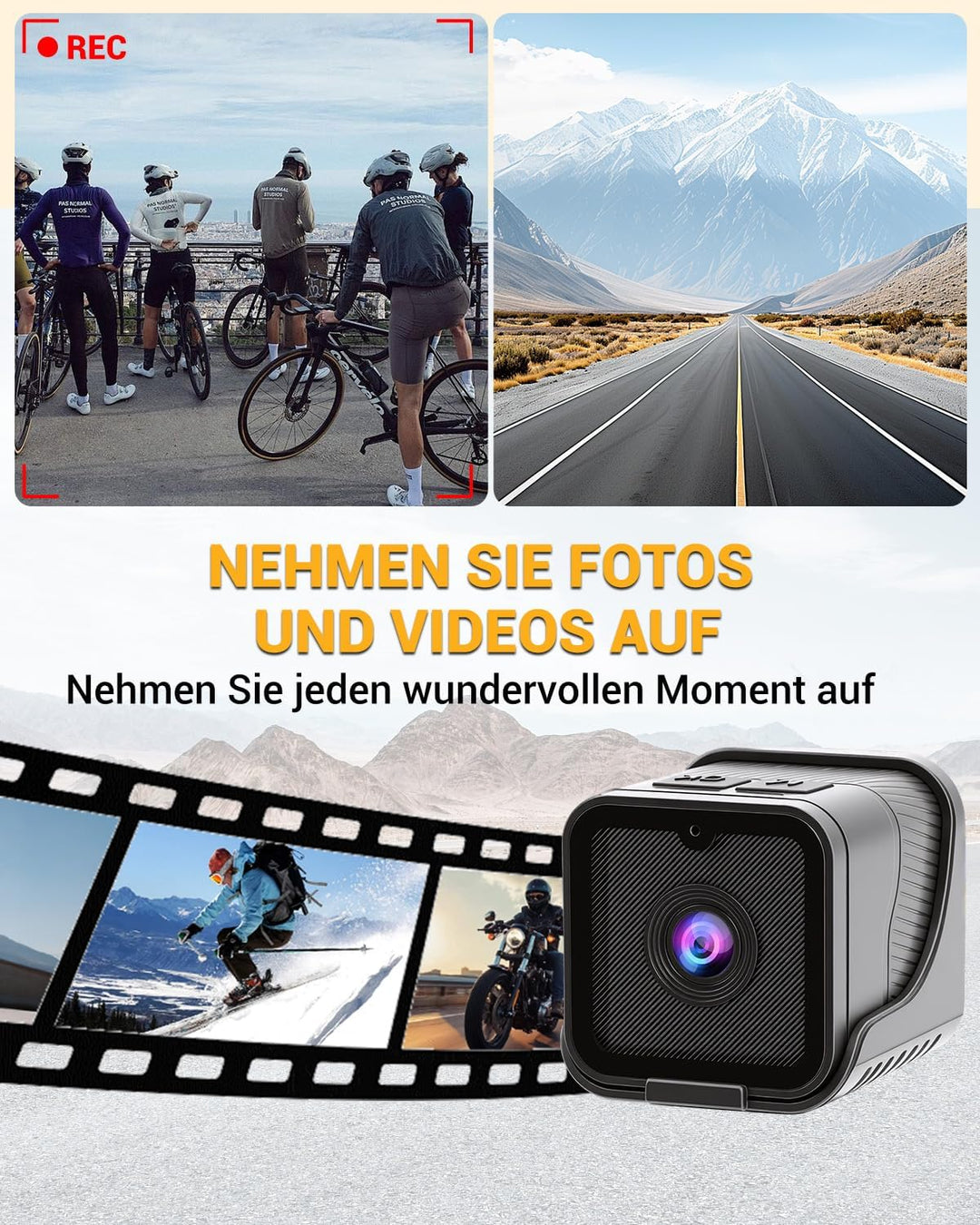 WLAN Action Kameras 120°Weitwinkel Sportkamera Mini Action Cam 1080P HD Dashcam Fahrrad für Helm und