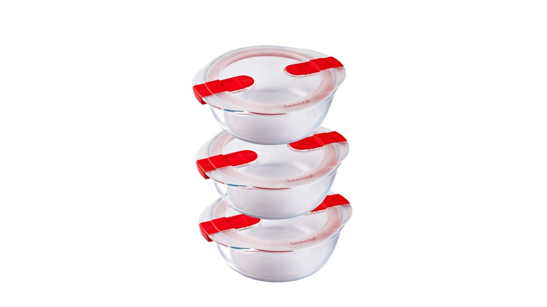 Pyrex 1451132 Cook and Heat Cook & Heat – Set aus 3 Lebensmitteln, rund, Glas, 1,1 l, mit luftdichte