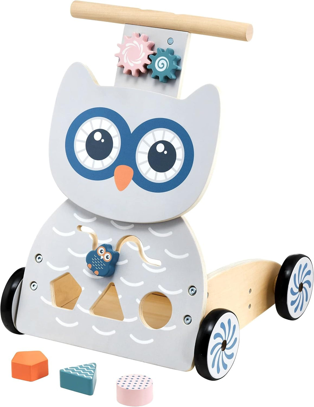 Mamabrum Holz-Spielzeugwagen mit Blöcken, multifunktionaler Lauflernwagen, Eulen förmiger Drücker, S