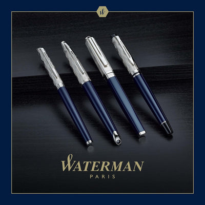 Waterman Expert Tintenroller | Metall und blaue Lackierung | ziselierte Kappe | schwarze Tinte | Ges