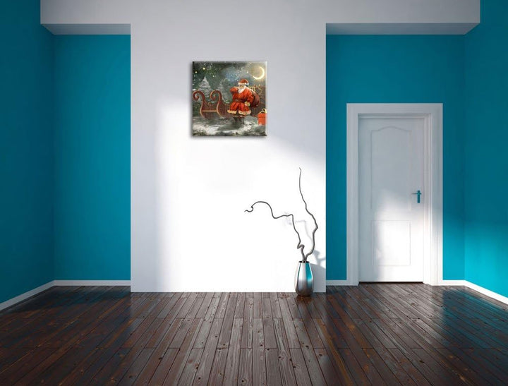 Pixxprint der erschöpfte Weihnachtsmann mit Geschenken, Format: 70x70 auf Leinwand, 70x70