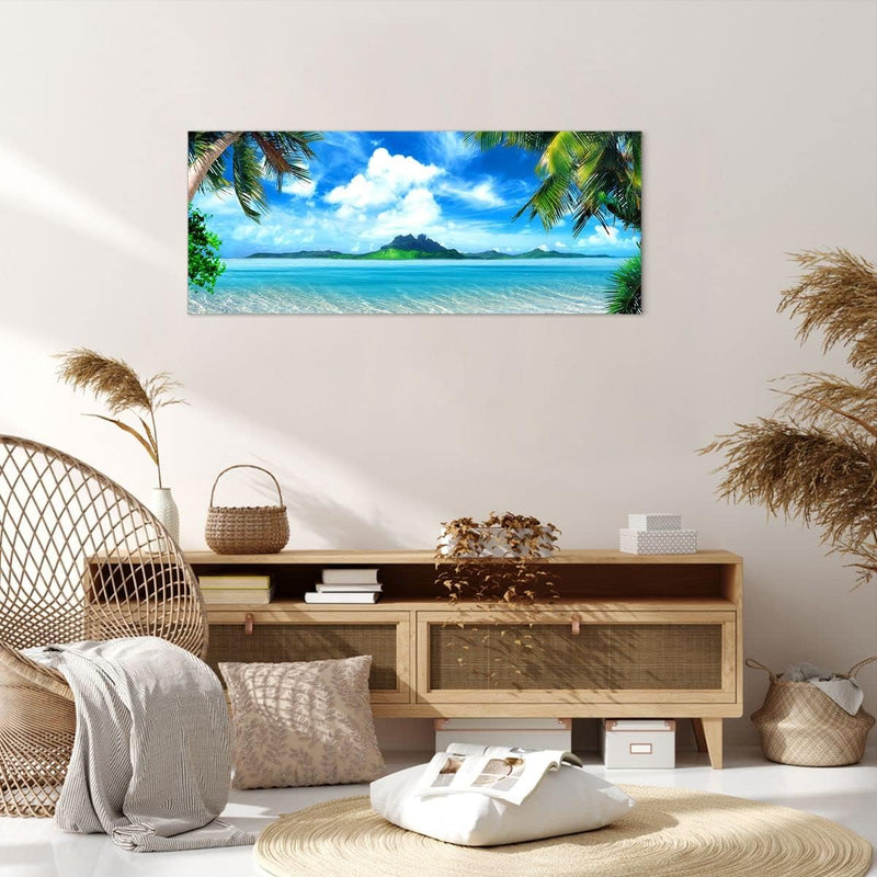 Wandbilder Dekoration Wohnzimmer Strand Urlaub Insel Palme Panorama Bilder auf Leinwand 120x50cm Lei