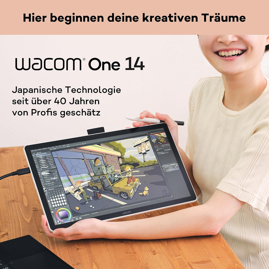 Wacom One 14 Grafiktablett mit Display – 14,0″ Full HD Zeichentablett mit Stift ohne Batterie, entsp