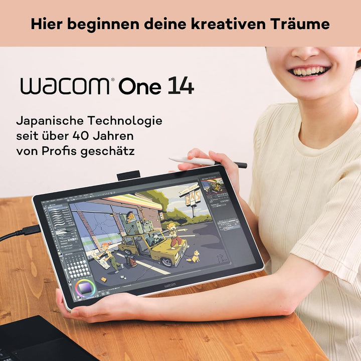 Wacom One 14 Grafiktablett mit Display – 14,0″ Full HD Zeichentablett mit Stift ohne Batterie, entsp