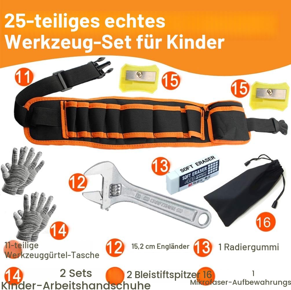 Kinder-Werkzeug-Set, Junge Bauarbeiter, Kindergrösse, echter Handwerkzeug,25-teilig, Hammer, Lernwer