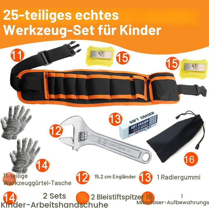 Kinder-Werkzeug-Set, Junge Bauarbeiter, Kindergrösse, echter Handwerkzeug,25-teilig, Hammer, Lernwer