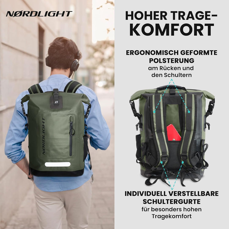 Nordlight Wasserdichter Rucksack Roll Top 25L - Hybrid 25" | Dry Bag Rucksack mit 15 Zoll Laptopfach