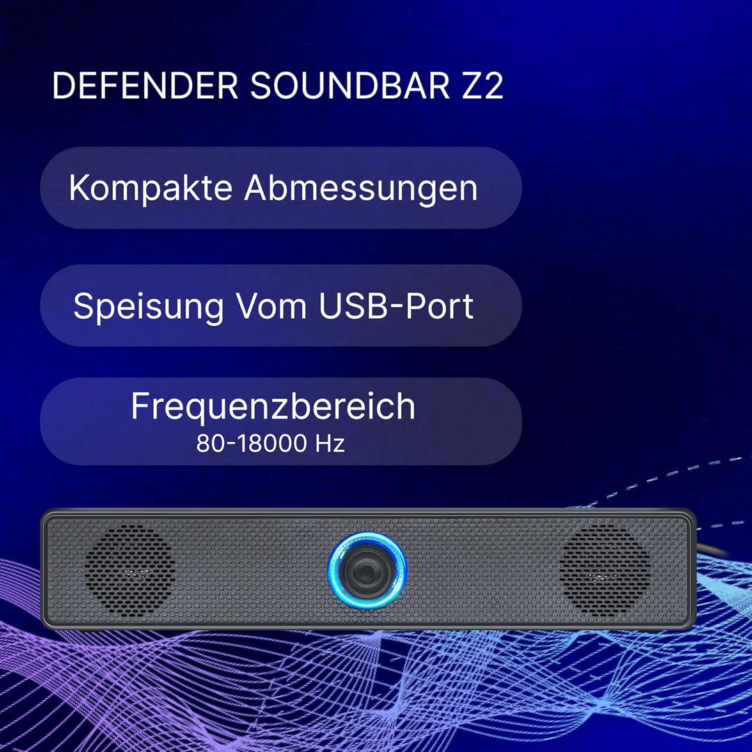 Defender® Z2 PC Lautsprecher – 2.0 Soundbar für PC, Laptop & Monitor – 6W Stereo Speaker mit LED-Lau