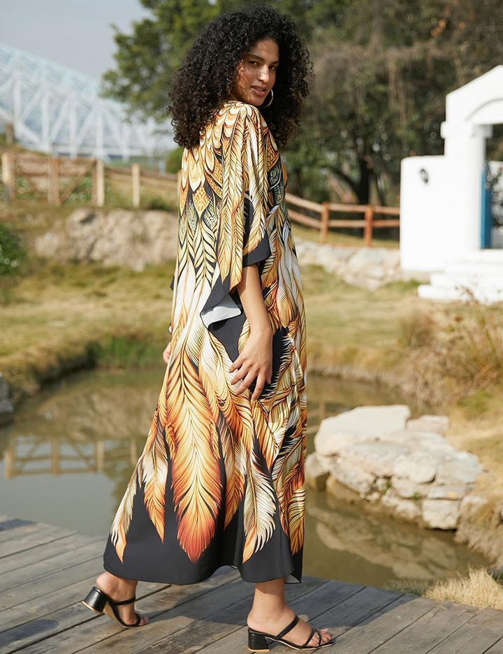 Bsubseach Damen Ethnic Print Kaftan Beach Dress Plus Size Strandkleid Goldene Feder, Goldene Feder