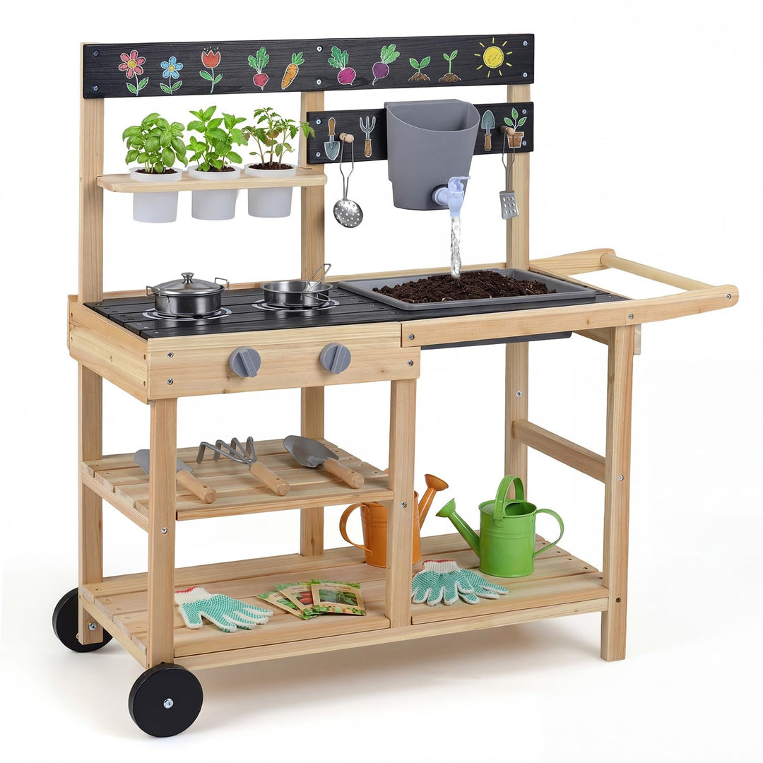 COSTWAY Matschküche Kinder Outdoor, Spielküche mit Wassertank & Wasserhahn | Kinderküche mit Rädern,