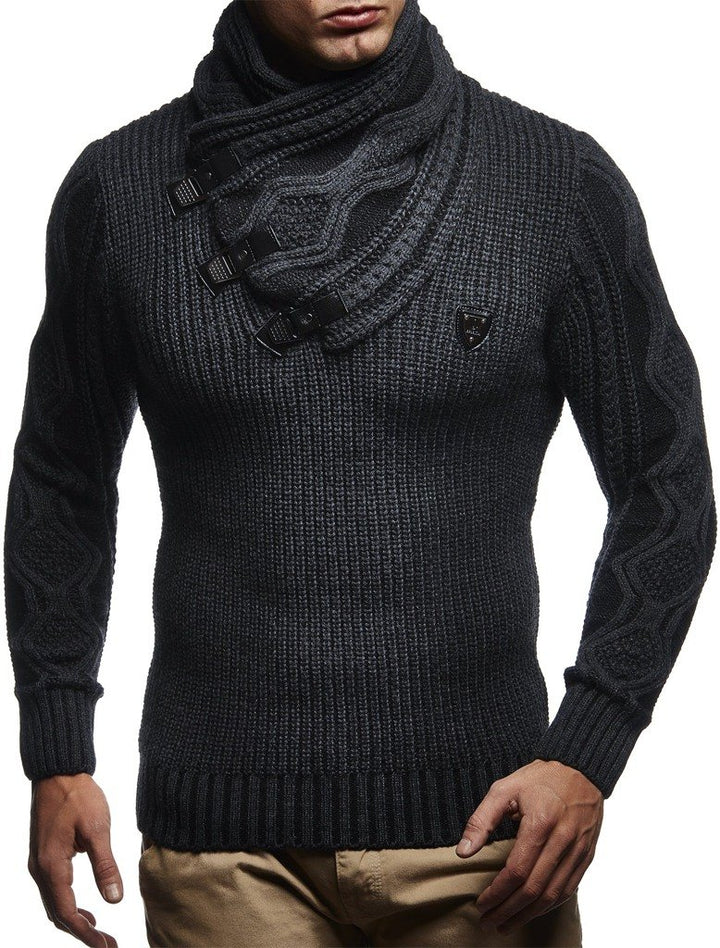 Leif Nelson Herren Strick-Pullover Schalkragen Slim Fit Winter Sommer Moderner Männer schwarzer Pull