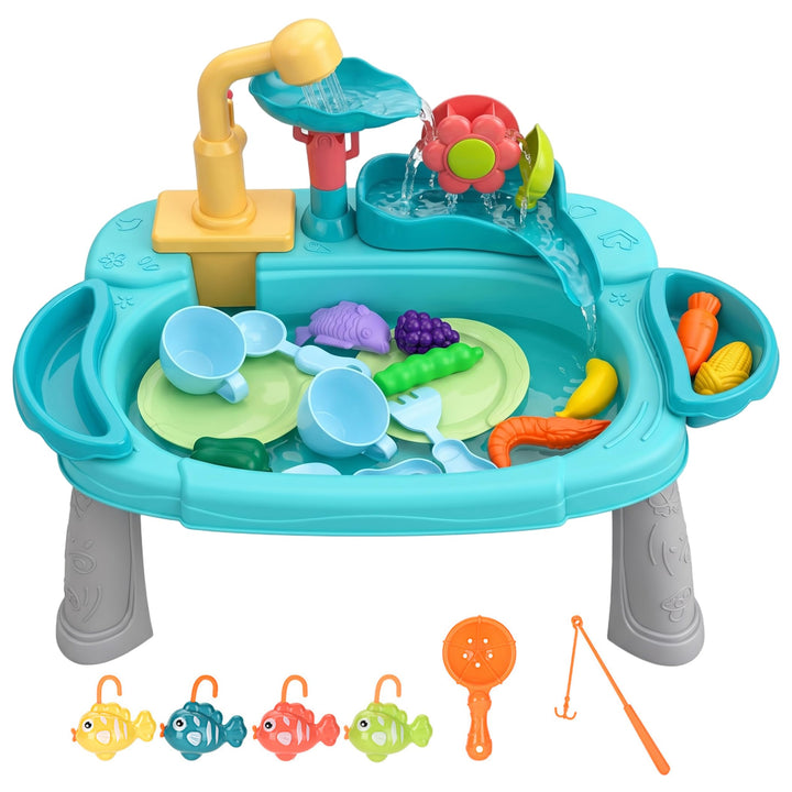 Spielwaschbecken mit fliessendem Wasser, 3-in-1-Spass-Baby-Wassertisch, Waschen und Angeln, vorgetäu