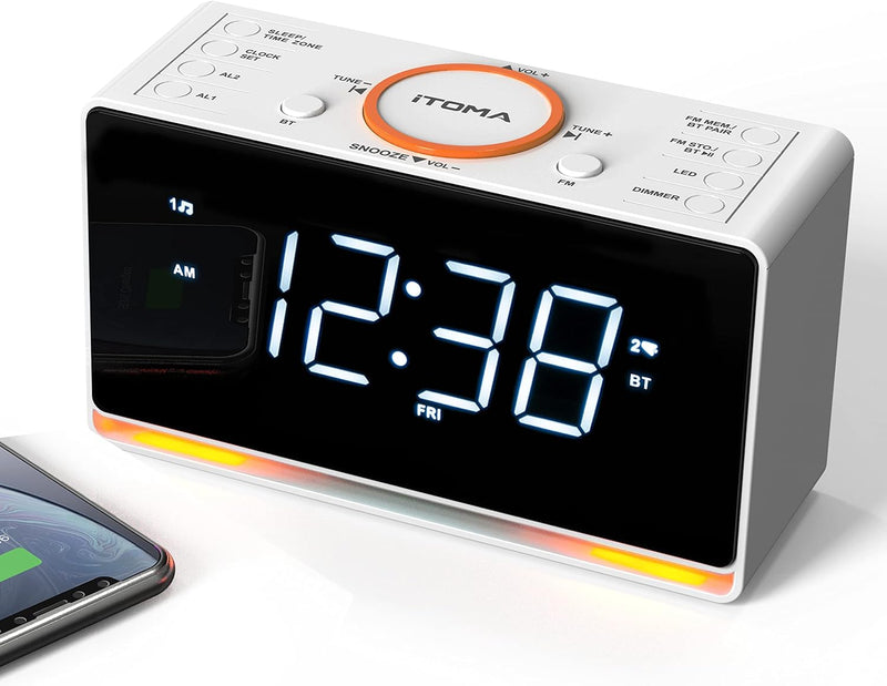 Radiowecker, 1,4-Zoll-Uhr mit weisser LED-Anzeige, Bluetooth, UKW-Radio, Dual-Alarm, Sleep-Timer, Sn