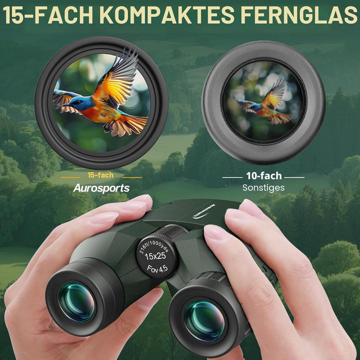 Aurosports 15X25 Kompaktes Fernglas für Erwachsene und Kinder - Fernglas Erwachsene High Definition,