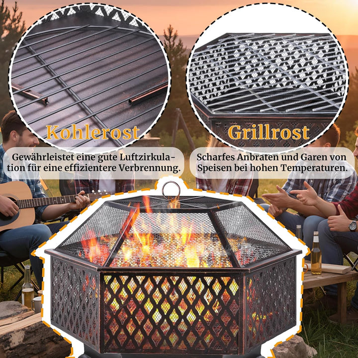 Feuerschale, Feuerschale mit Funkenschutz, Feuerschalen für den Garten, Feuerkorb mit Grillrost,Sech